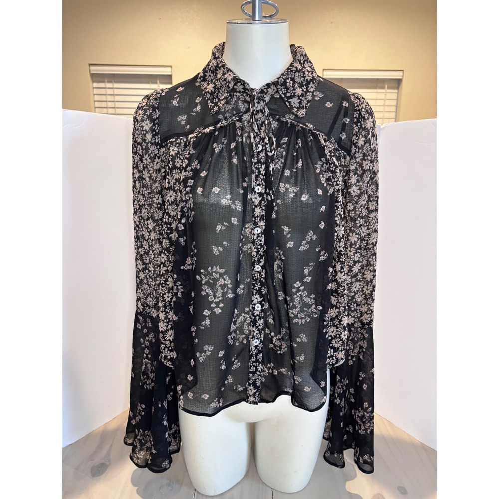 Free People Floral Sheer Button‎ Down Bell Sleeve Blouse Black XS Boho Festival
